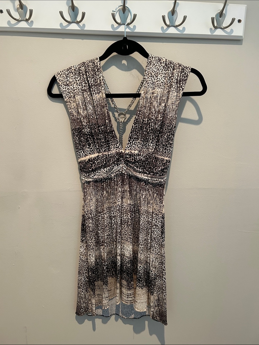 Sky black, grey cream animal print mini Dress w/ rhinestone leopard chain back